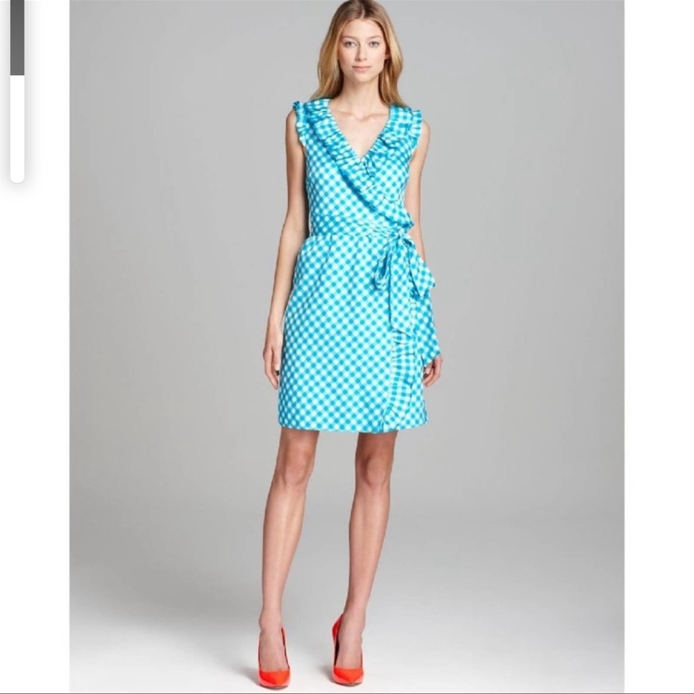 KATE SPADE NEW YORK Silk Turq Blue Gingham Aubrey Wrap Dress size 4